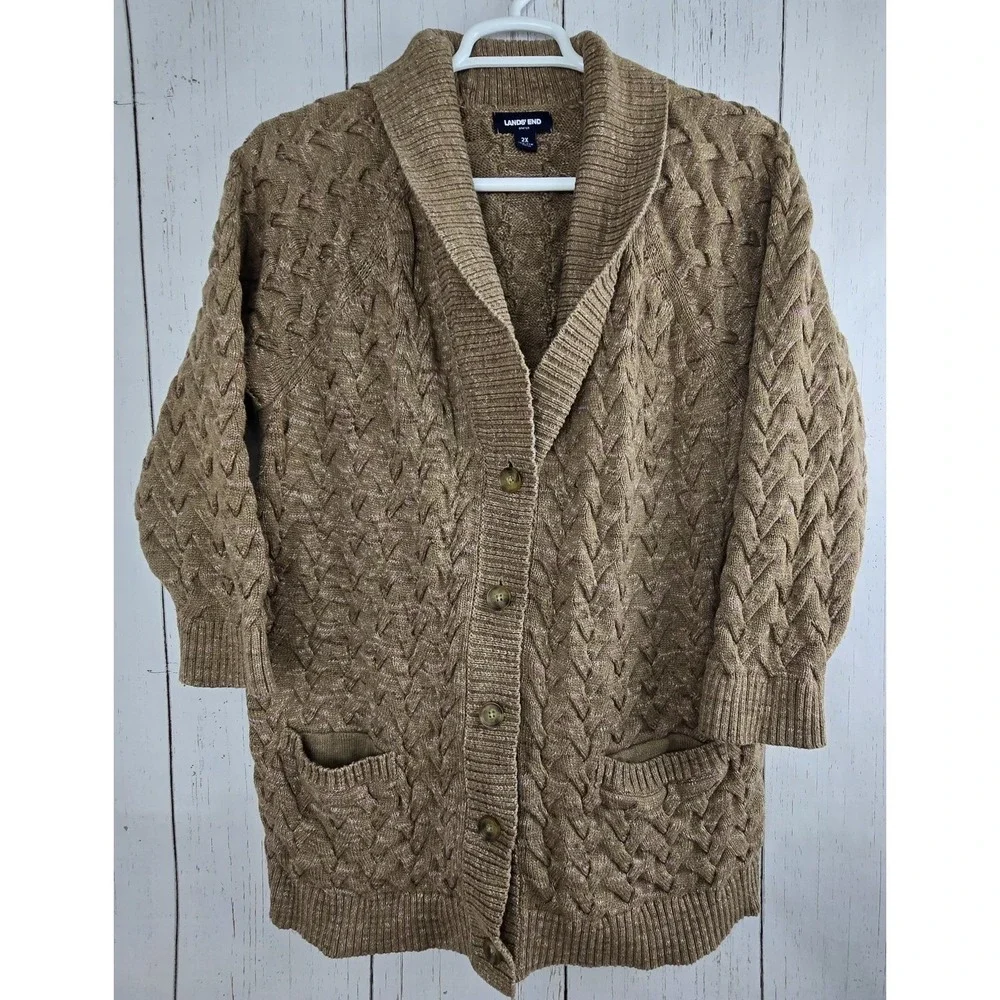 Lands End Drifter Cardigan Sweater Womens 2X Brown Cable Knit Shawl Neck Cotton